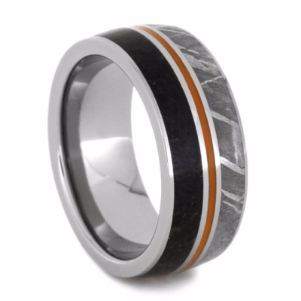 Dinosaur bone and Gibeon Meteorite with Orange Enamel Pinstripe Inlay 9mm Comfort-Fit Polished Titanium Band. 