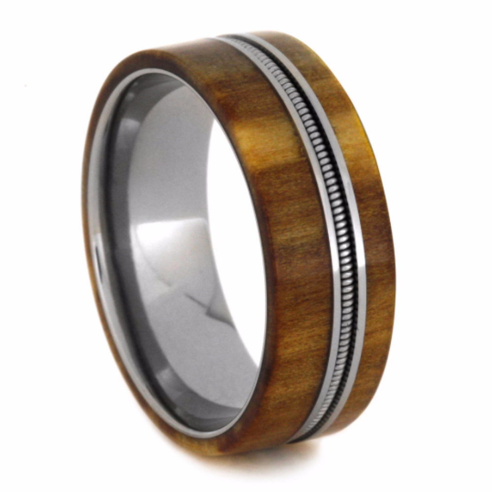 Rowan Wood Overlay with Bass String 8mm Comfort-Fit Polished Titanium Band. 