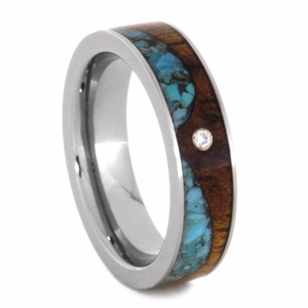 Diamond with Wave Crushed Turquoise and Koa Wood 5.5mm Comfort-Fit Polished Titanium Ring. 