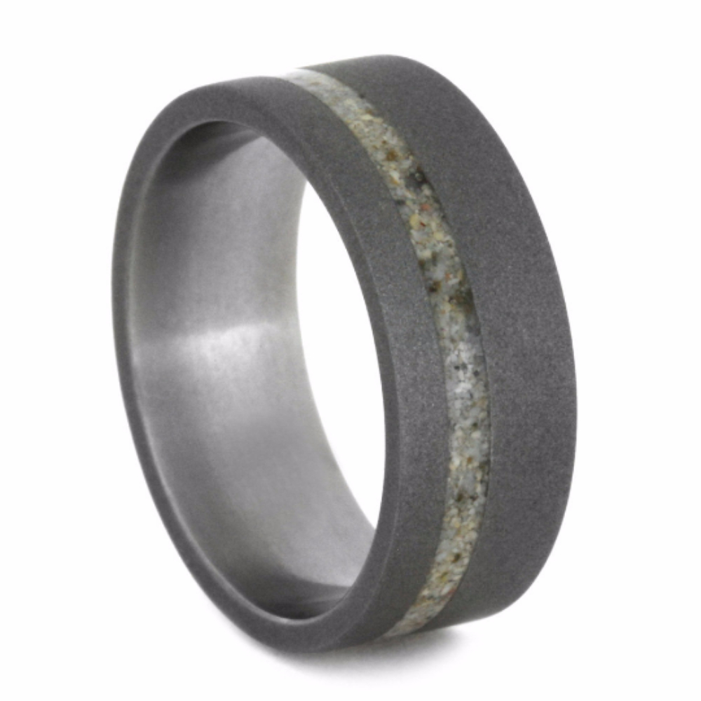 Sandblasted Titanium and Sand Overlay 8mm Comfort-Fit Nostalgic Ring. 