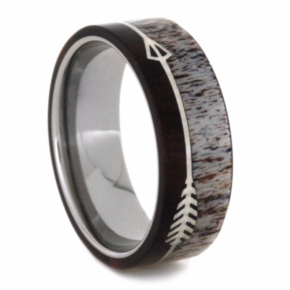 Deer Antler and Ironwood Overlay with Silver Arrow 6.5mm Comfort-Fit Polished Titanium Band. 