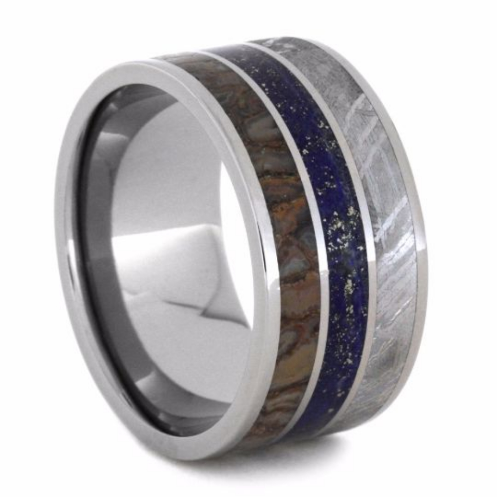 Lapis Lazuli with Dinosaur Bone and Gibeon Meteorite Inlay 12mm Comfort-Fit Titanium Band. 