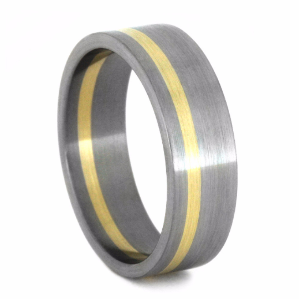 14k Yellow Gold Pinstripe Inlay 7mm Comfort-Fit Brushed Titanium Wedding Band.