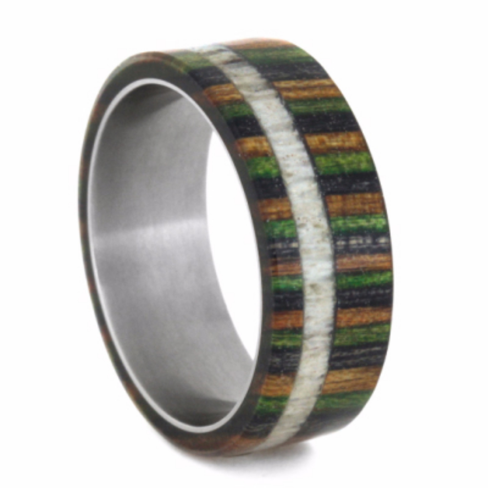 Dymondwood Camo and Deer Antler Overlay 8mm Comfort-Fit Matte Titanium Band. 