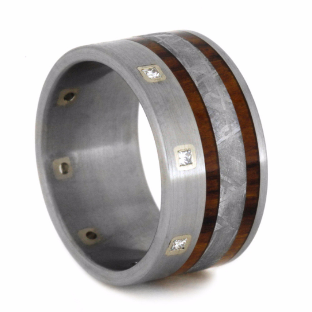 Diamonds with Meteorite and Arizona Ironwood Inlay 11mm Comfort-Fit Brushed Titanium Ring. 