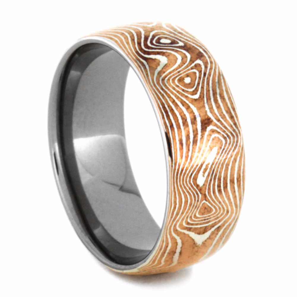 Copper and Silver Mokume Overlay 7mm Comfort-Fit Polished Titanium Ring. 