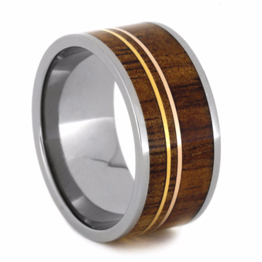 Koa Wood and 14k Yellow Gold Pinstripe Inlay 11mm Comfort-Fit Polished Titanium Ring. 