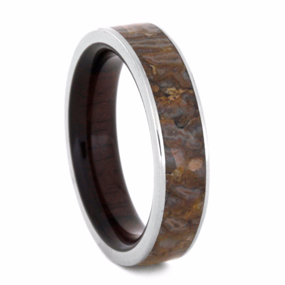 Dinosaur Bone Inlay with Macassar Ebony Sleeve 5mm Comfort-Fit Polished Titanium Band. 