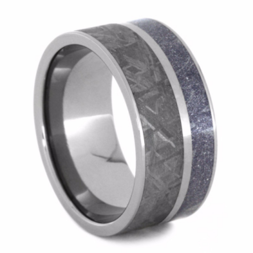 Meteorite with Blue, Bronze, and White Composite Mokume Inlay 10mm Comfort-Fit Polished Titanium Band. 