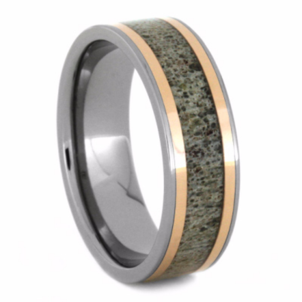 Deer Antler inlay with 14k Rose Gold Pinstripes 7mm Comfort-Fit Polished Titanium Ring. 