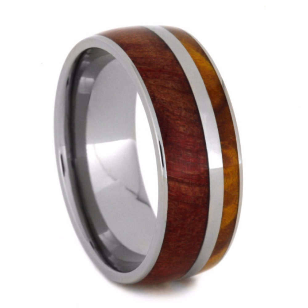 Gold Box Elder Burl and Ruby Redwood Inlay 9mm Comfort-Fit Polished Titanium Ring. 