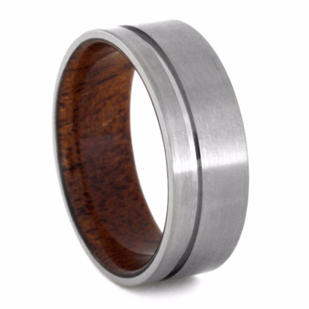 Polished Groove with Mahogany Wood Sleeve 8mm Comfort-Fit Matte Titanium Ring. 