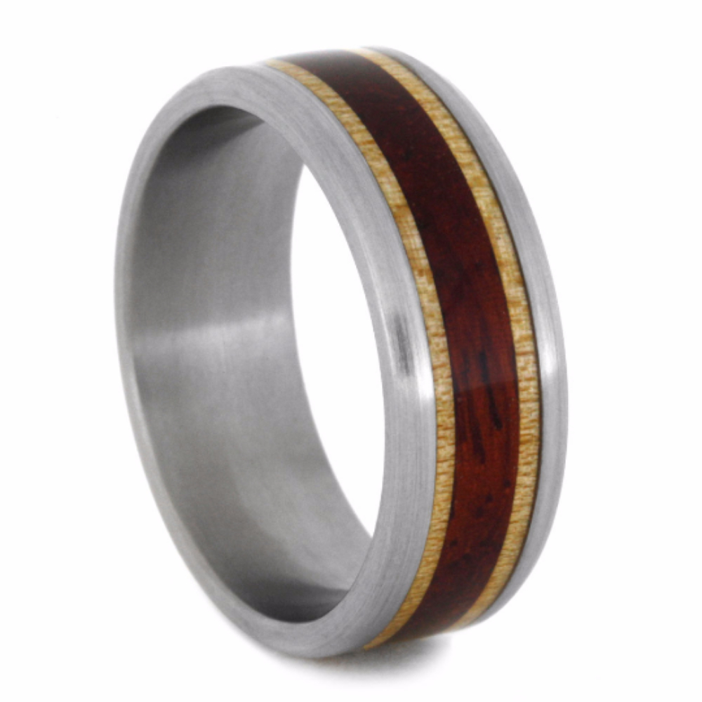 Paduk Wood with Maple Wood Inlay 8mm Comfort-Fit Brushed Titanium Ring. 