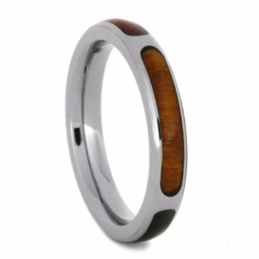 Meteorite, Ironwood, Redwood and Green Box Elder Partial inlays 3mm Comfort-Fit Titanium Ring. 