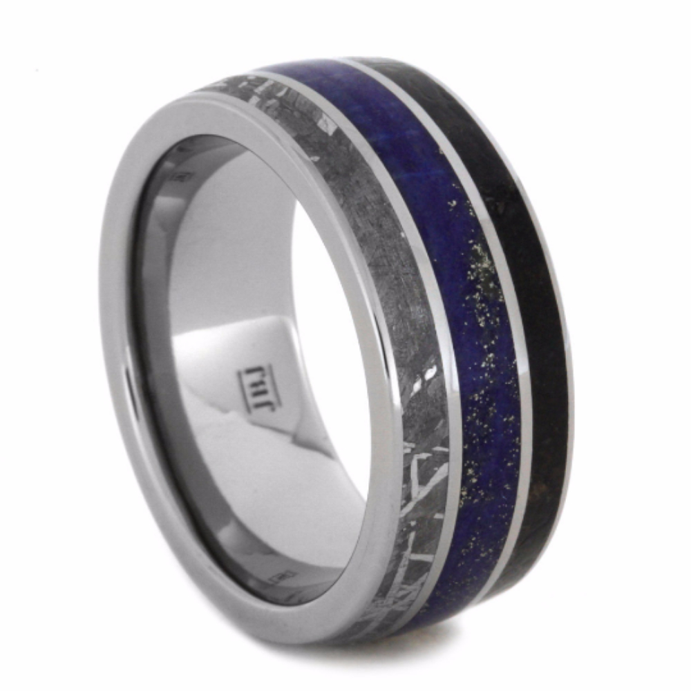 Dinosaur Bone and Gibeon Meteorite with Lapis Lazuli Inlay 10mm Comfort-Fit Titanium Ring. 