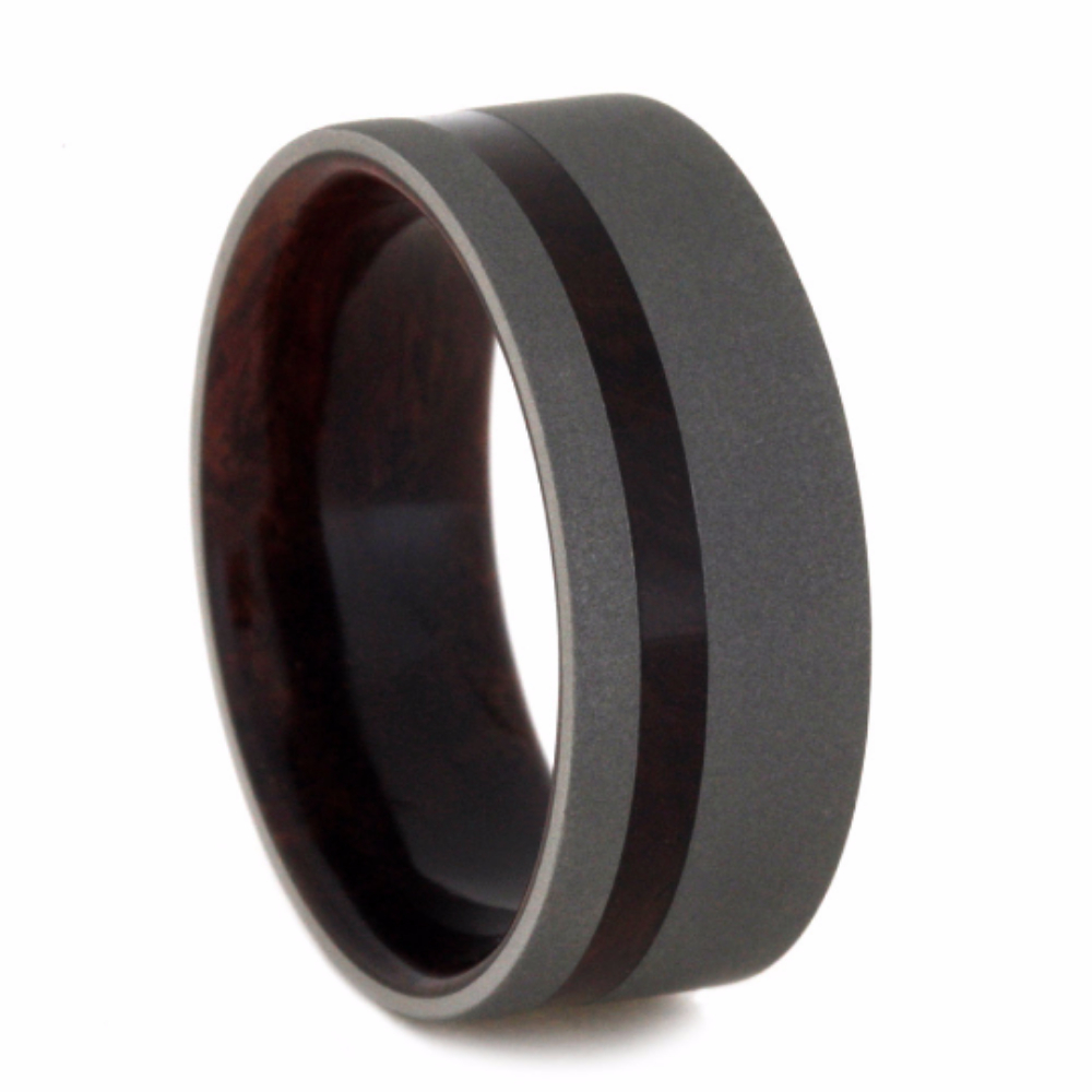 Honduran Rosewood Burl Inlay 9mm Comfort-Fit Sandblasted Titanium Band. 