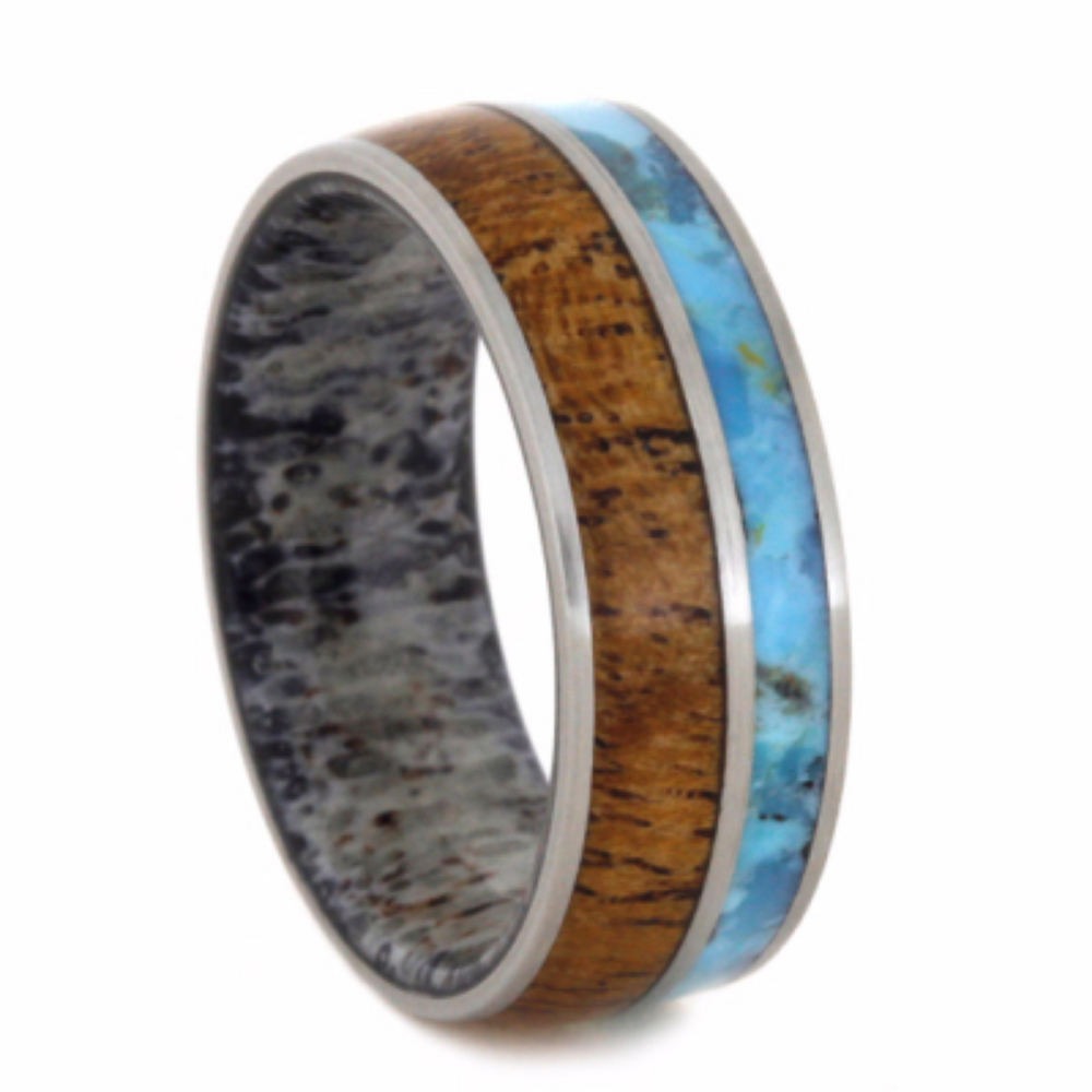 Crushed Turquoise and Mesquite Wood Inlay with Deer Antler Sleeve 7mm Comfort-Fit Brushed Titanium Band. 