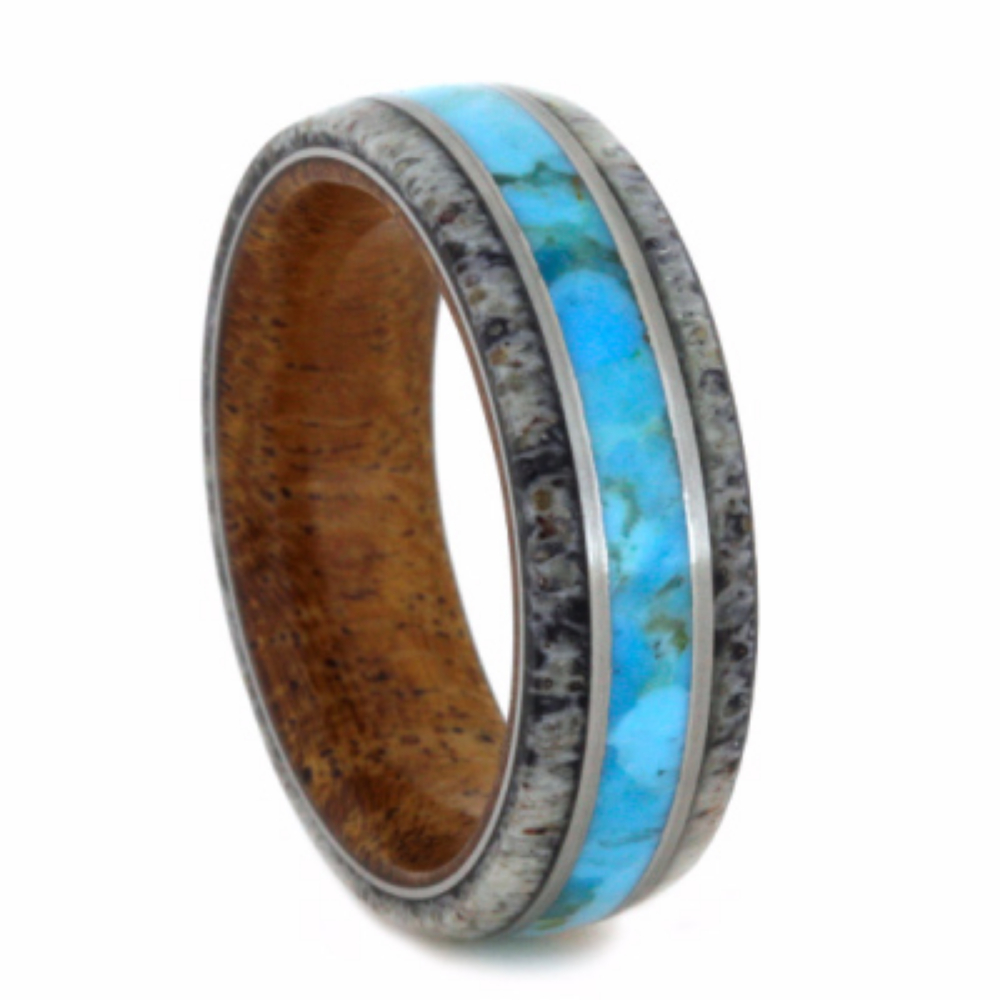 Crushed Turquoise Inlay and Antler Overlay with Mesquite Wood 7mm Comfort-Fit Brushed Titanium Band. 