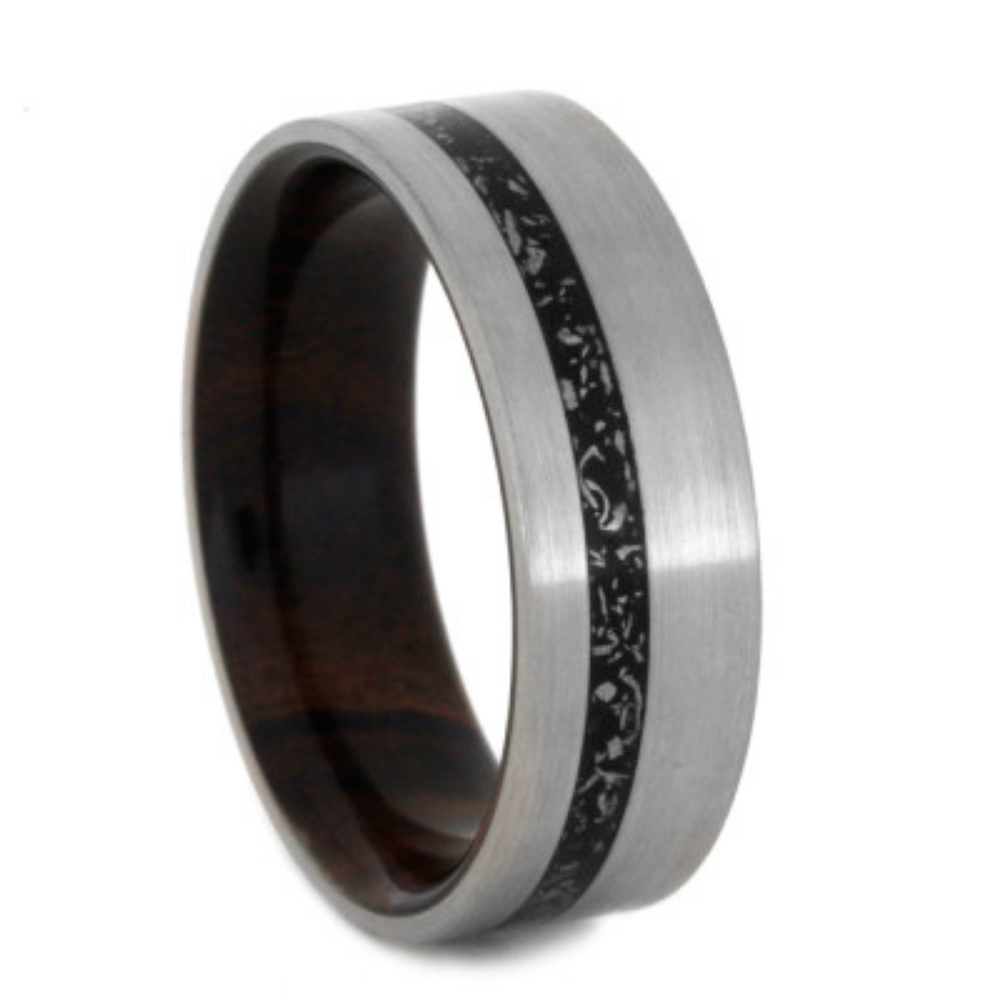 Black Stardust Inlay with Ironwood Sleeves 7mm Comfort-Fit Brushed Titanium Ring. 