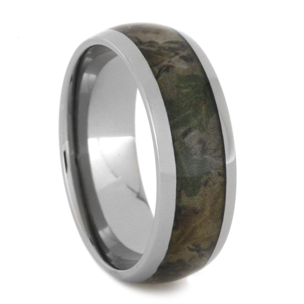 Camouflage Camo Print Inlay 8mm Comfort-Fit Polished Titanium Band. 