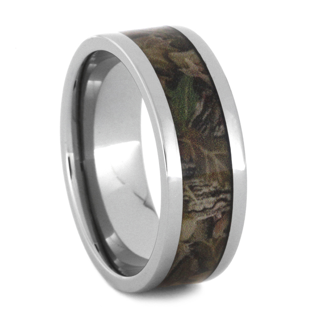 Camo Woodland Print Inlay 8mm Comfort-Fit Polished Titanium Band. 