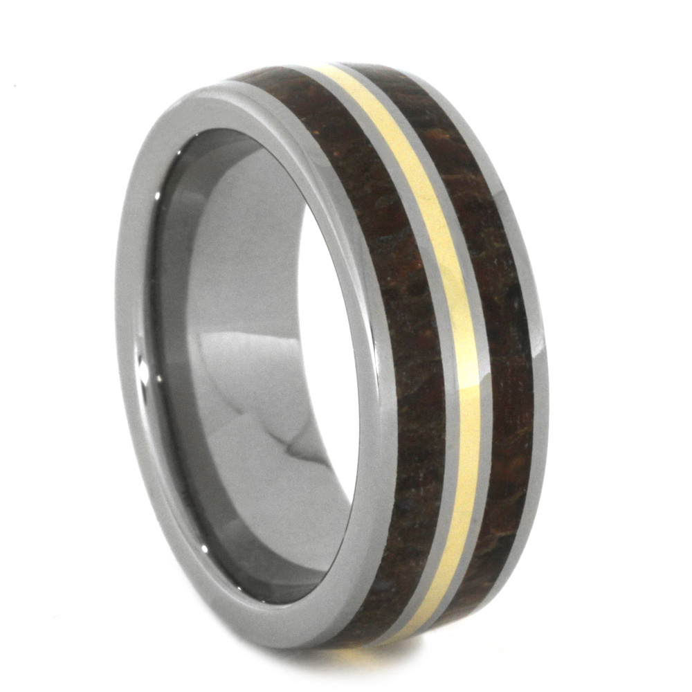 Dinosaur Bone and 14k Yellow Gold Pinstripe Inlay 8mm Comfort-Fit Polished Titanium Band. 