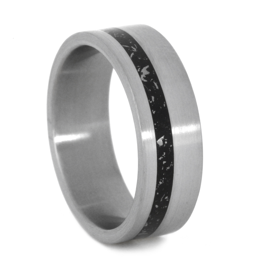 Black Stardust Inlay 7mm Comfort-Fit Brushed Titanium Fashion Ring. 