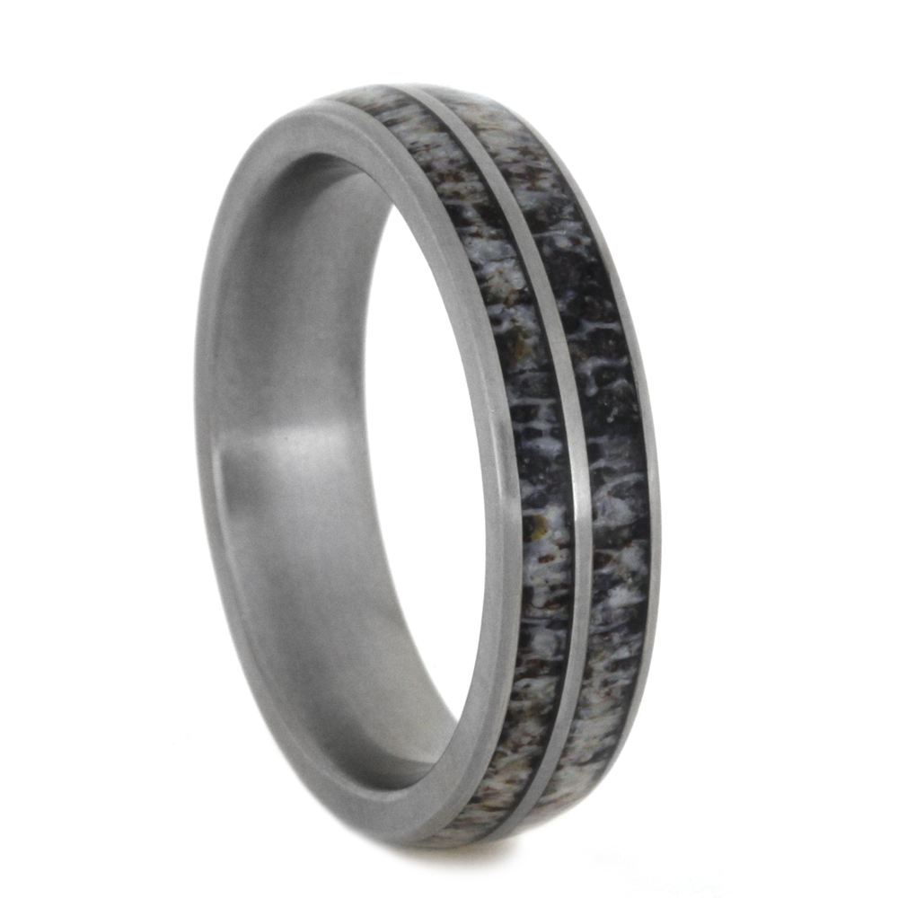 Deer Antler Inlay 5mm Comfort-Fit Matte Titanium Ring. 