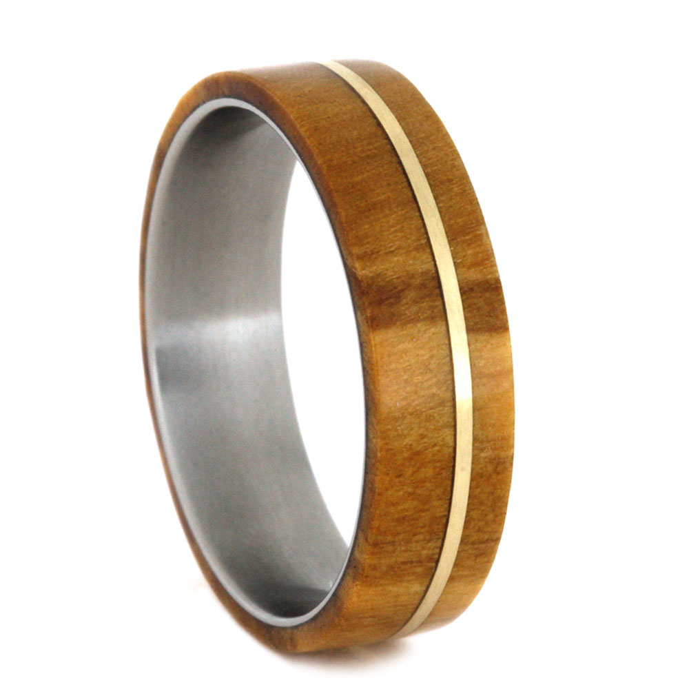 Olive Wood Overlay with 14k Yellow Gold Pinstripe Inlay 6.5mm Comfort-Fit Matte Titanium Ring. 