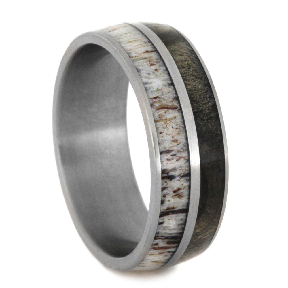 Deer Antler and Buckeye Burl Wood Inlay 8mm Comfort-Fit Matte Titanium Ring 