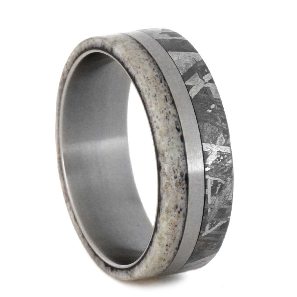 Meteorite and Deer Antler Overlay with Titanium Inlay 7mm Comfort-Fit Matte Titanium Band. 