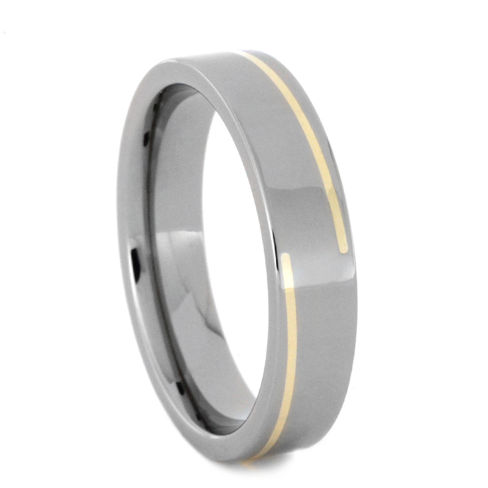 14k Yellow Gold Winding Pinstripe Inlay 5mm Comfort-Fit Polished Titanium Band. 