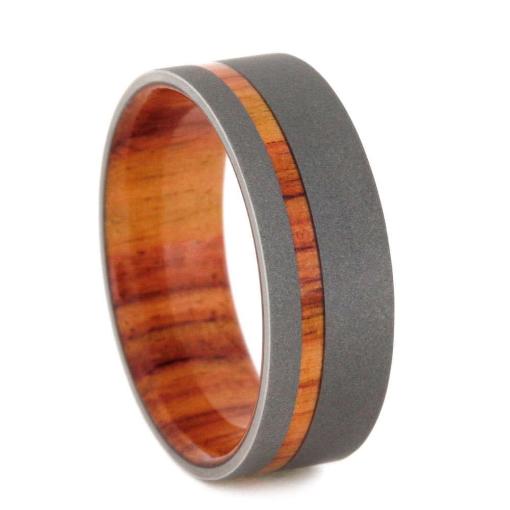 Tulip Wood Pinstripe Inlay with Sandblasted Titanium 7mm Comfort-Fit Titanium Band. 