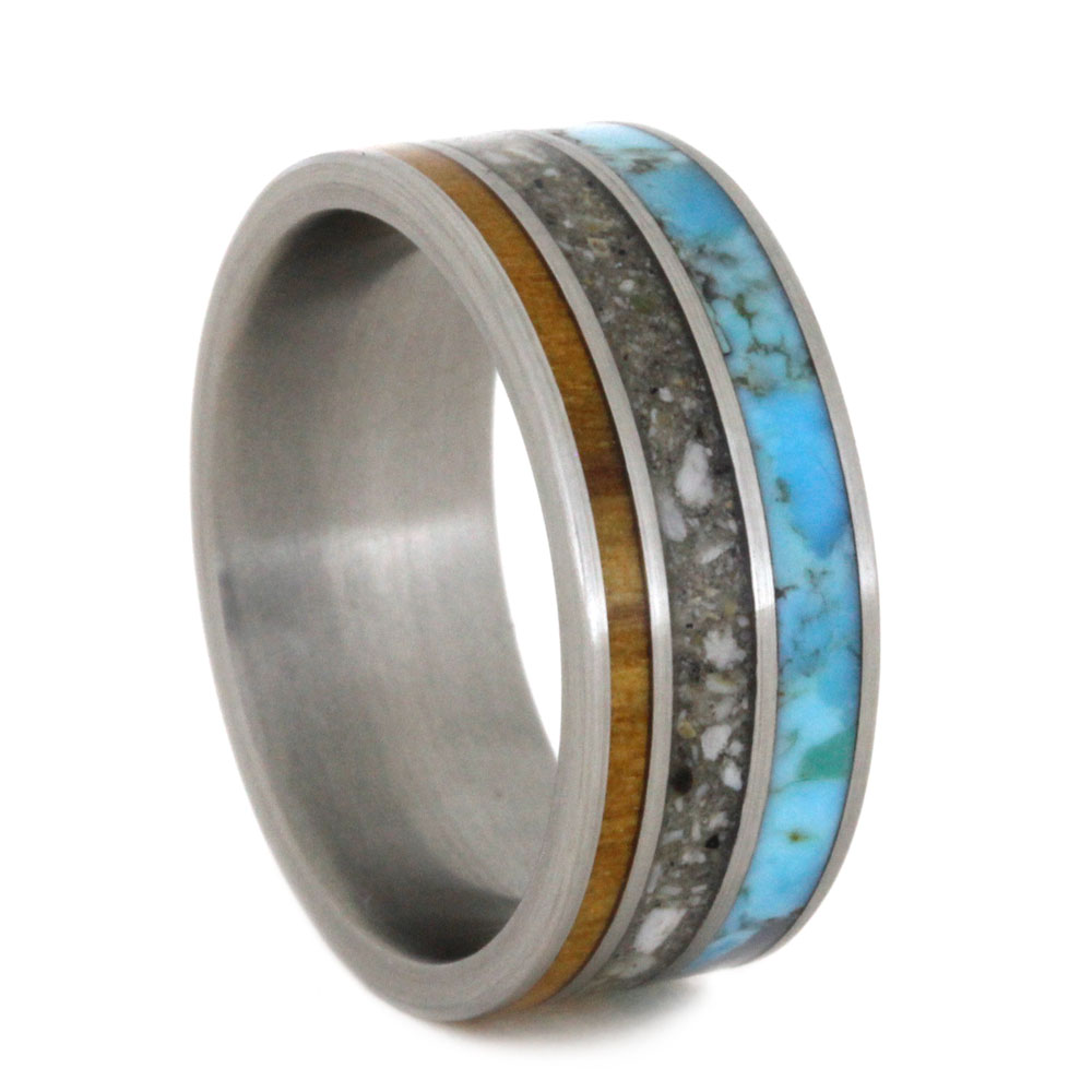 Turquoise, Ashes and Olive Wood Inlay 7mm Comfort-Fit Brushed Titanium Band. 