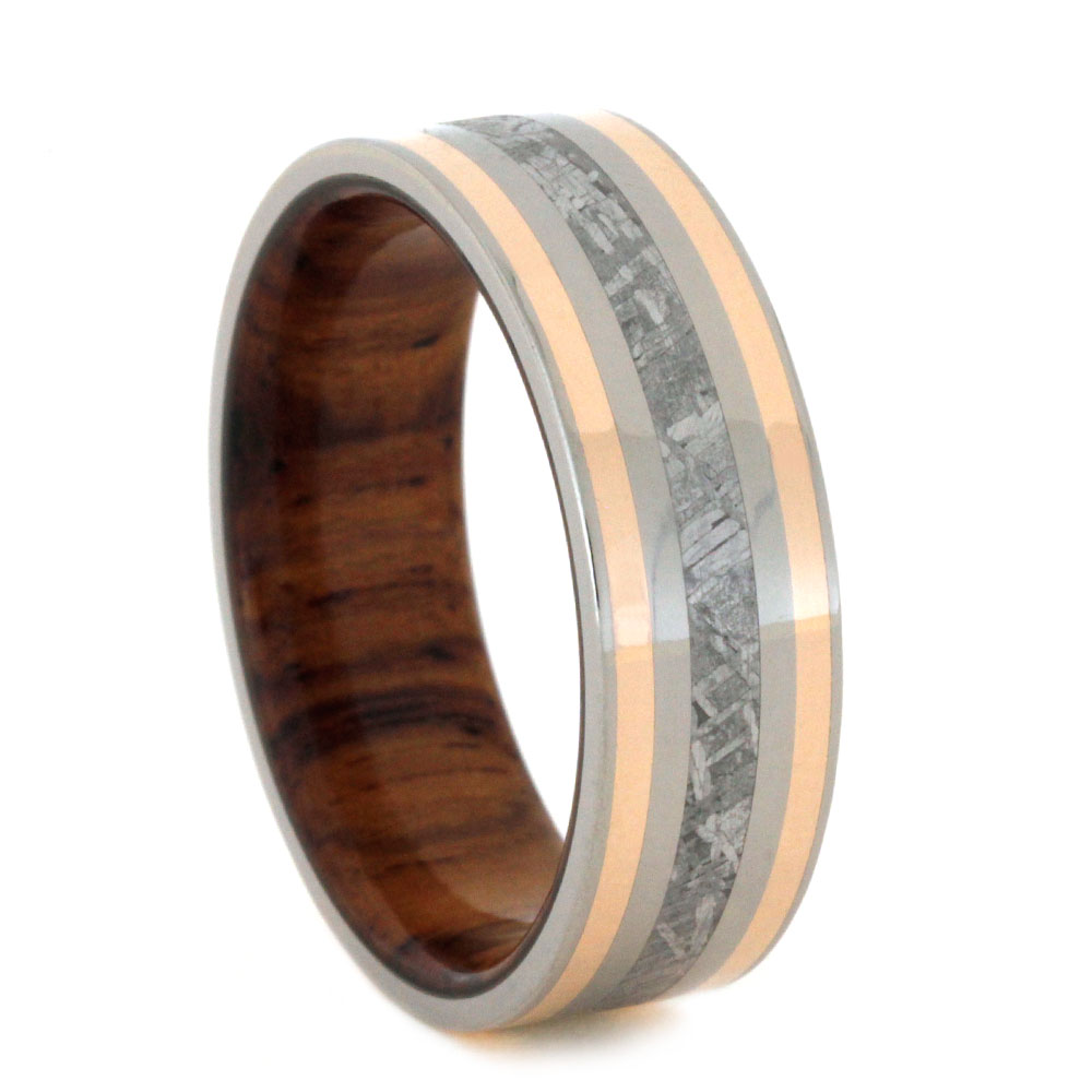 Meteorite Inlay and 14k Rose Gold Pinstripe with Honduran Rosewood Sleeve 7mm Comfort-Fit Titanium Band. 