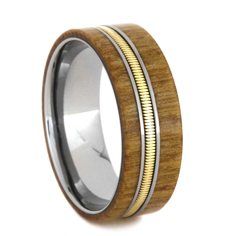 Wood Overlay with Guitar String Inlay 8mm Comfort-Fit Polished Titanium Band.