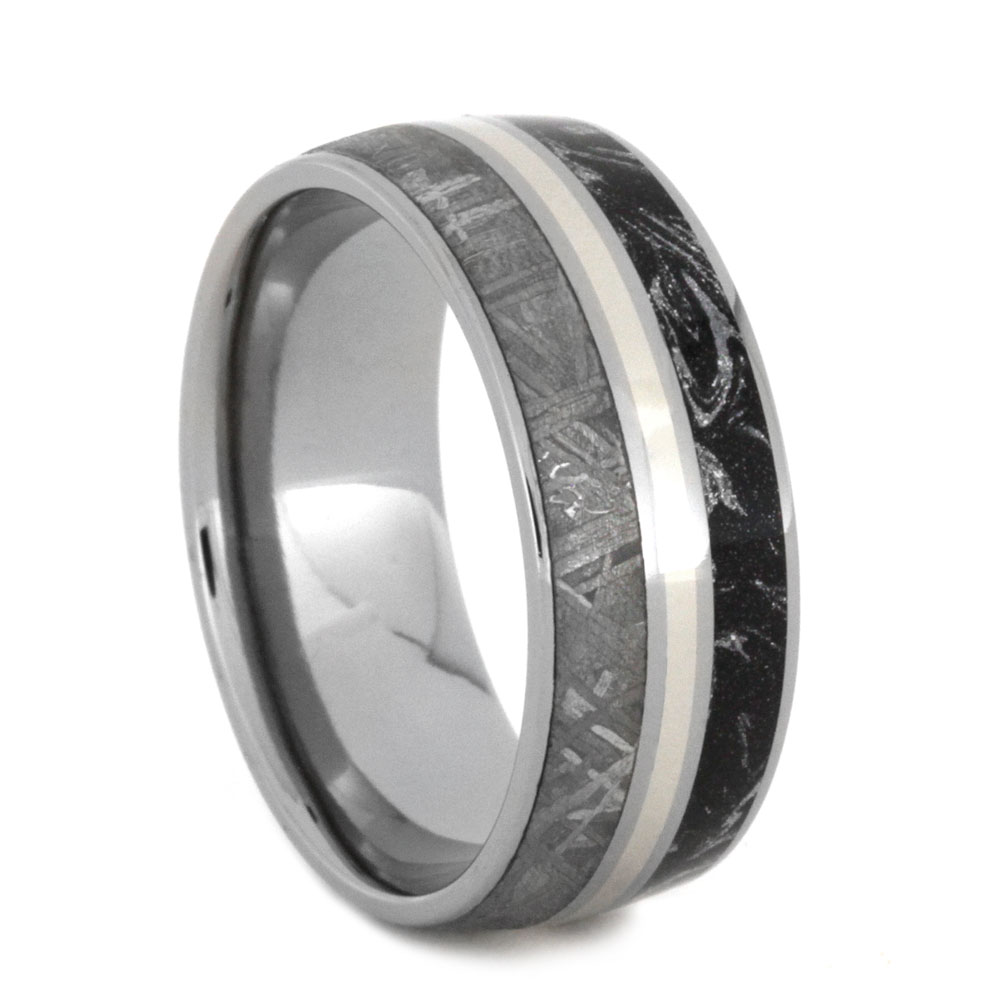 Gibeon Meteorite and Black and White Composite Mokume with 14k White Gold Stripe Inlay 8mm Comfort-Fit Titanium Band. 