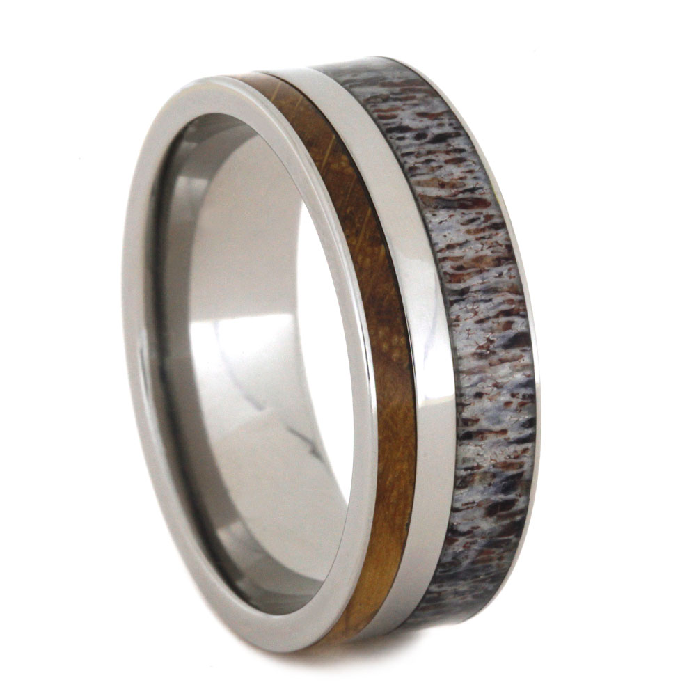 Deer Antler and Whiskey Barrel Wood Overlay 9mm Comfort-Fit Polished Titanium Band. 