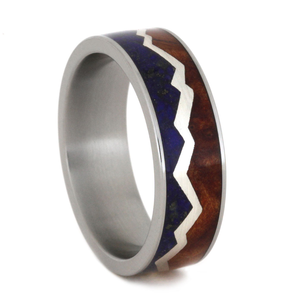 Crushed Lapis and Redwood Mountain Split with Sterling Silver 7mm Comfort-Fit Matte Titanium Band. 