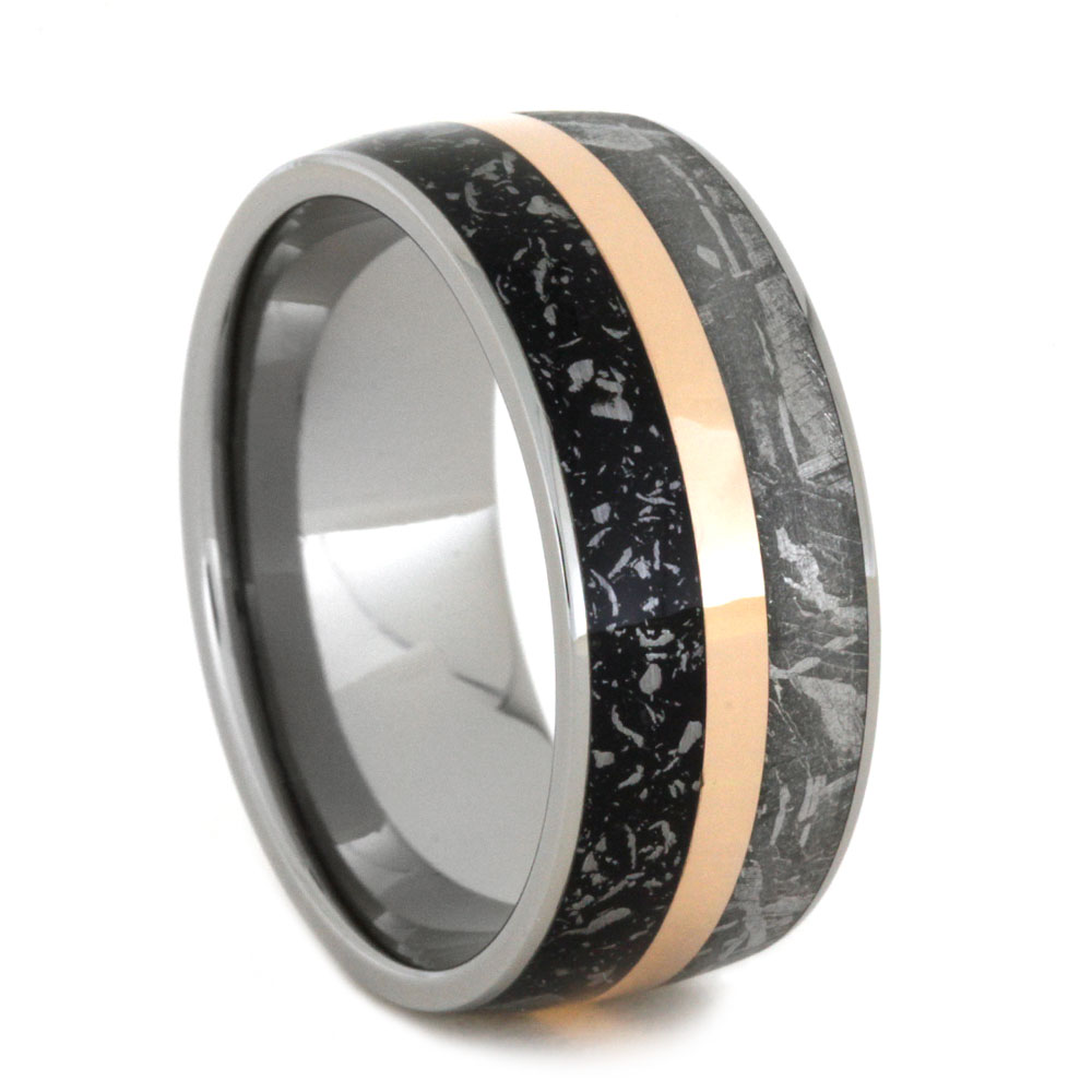 Gibeon Meteorite and Black Stardust Overlay with 14k Rose Gold Pinstripe Inlay 10mm Comfort-Fit Titanium Band. 