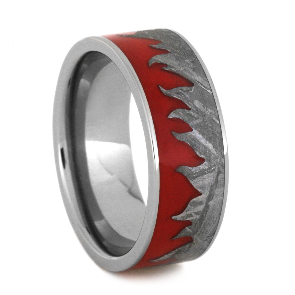 Red Fire with Carved Meteorite Inlay 8mm Comfort-Fit Titanium Wedding Band.