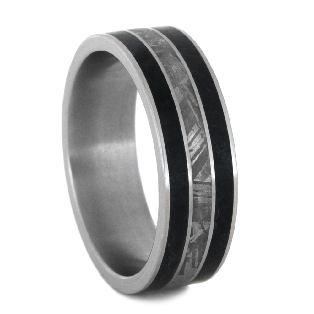 Black Jade Ring with Gibeon Meteorite Inlay 8mm Comfort-Fit Brushed Titanium Wedding Band.