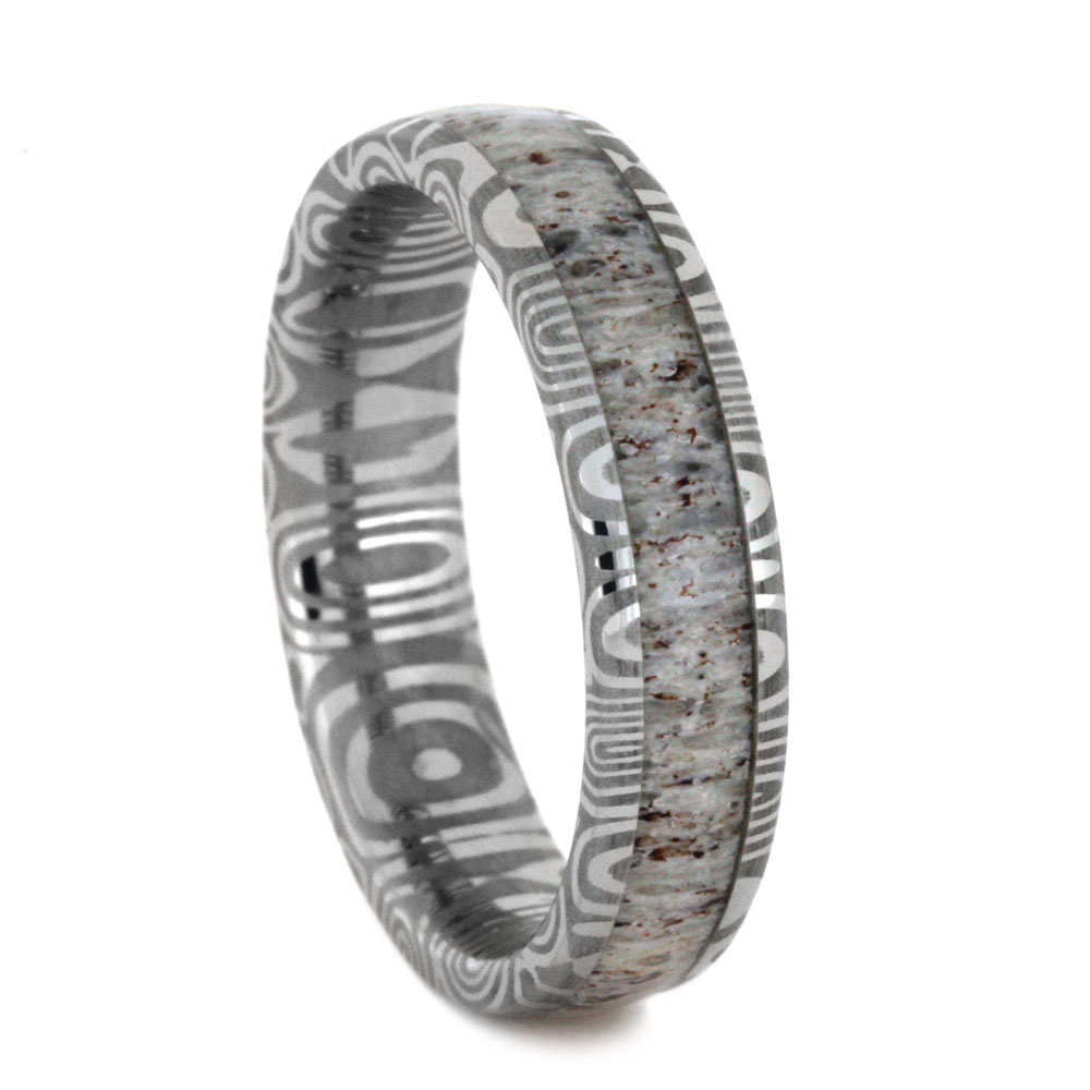 Damascus with Deer Antler Inlay 5mm Comfort-Fit Titanium Wedding Band.