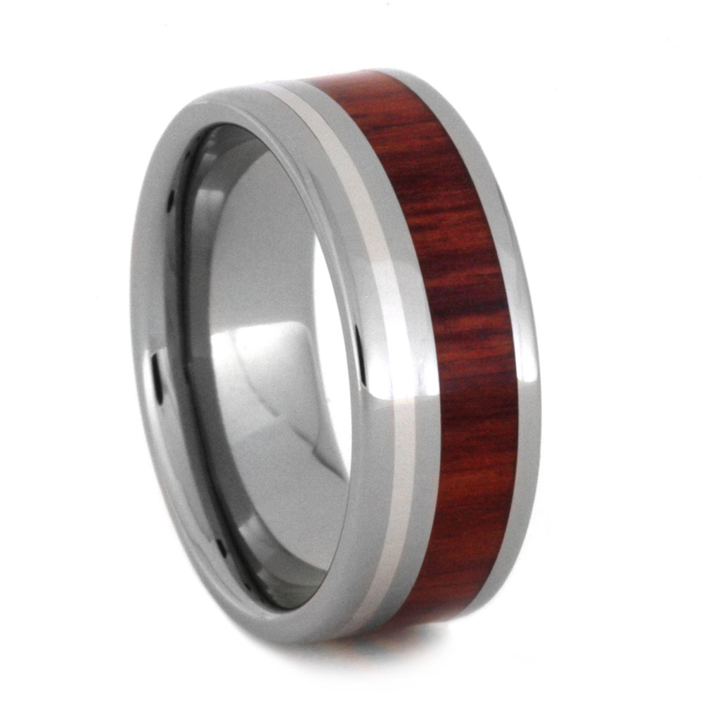 Sterling Silver with Tulip Wood Inlay 7mm Comfort-Fit Titanium Wedding Band.