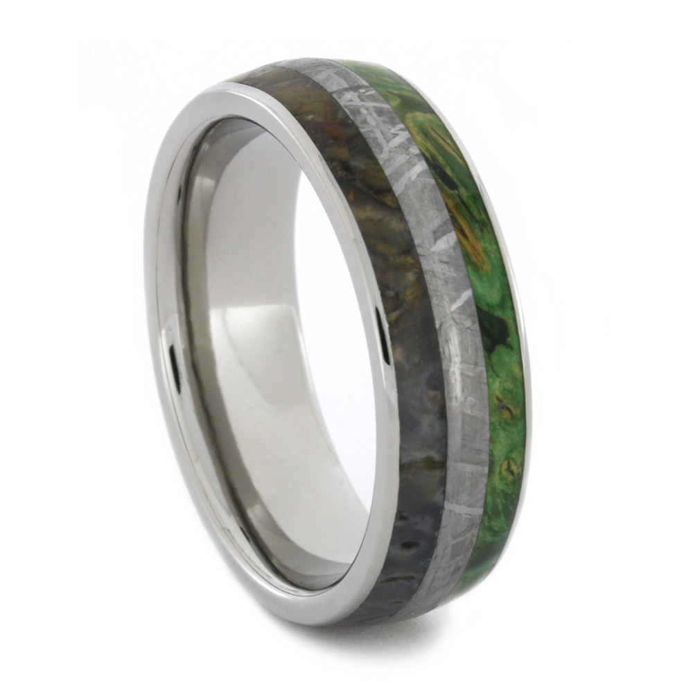 Meteorite Dinosaur Bone with Green Wood Inlay 7mm Comfort-Fit Titanium Band.