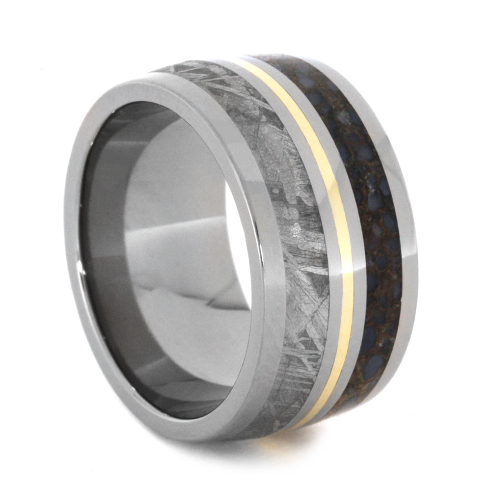 Meteorite Dinosaur Bone with Inlay 12mm Comfort-Fit Titanium Ring.