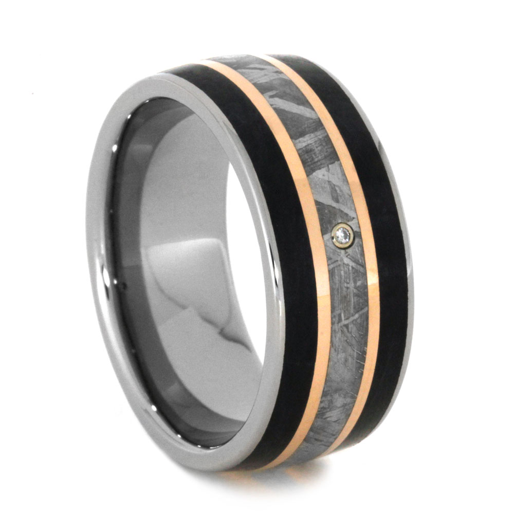 Diamond Meteorite Petrified Wood and Rose Gold with Inlay 9 mm Comfort-Fit Titanium Wedding Band.