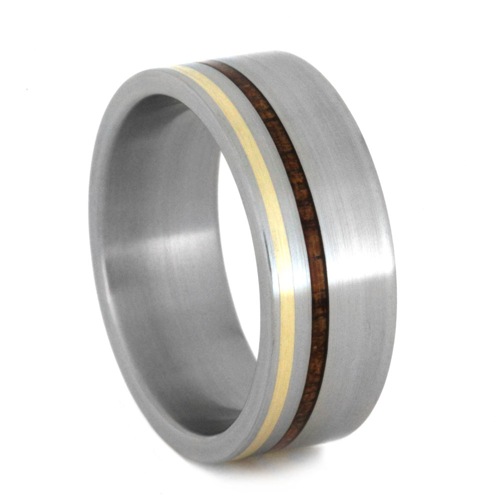 Yellow Gold and Kauri Wood Pinstripes with Inlay 8mm Comfort-Fit Brushed Titanium Ring.