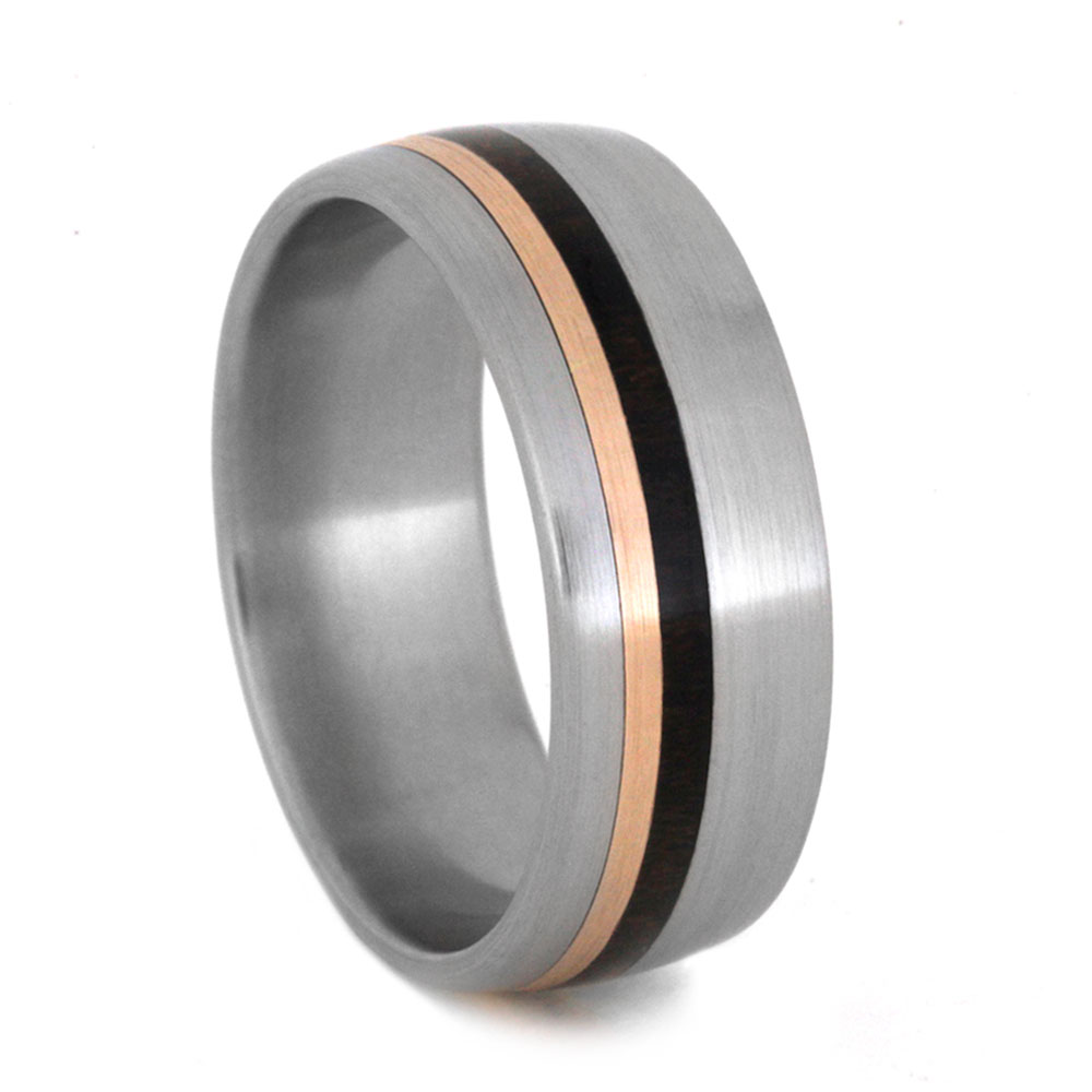 Rose Gold and Ziricote Wood Pinstripes with Inlay 8mm Comfort-Fit Brushed Titanium Band.