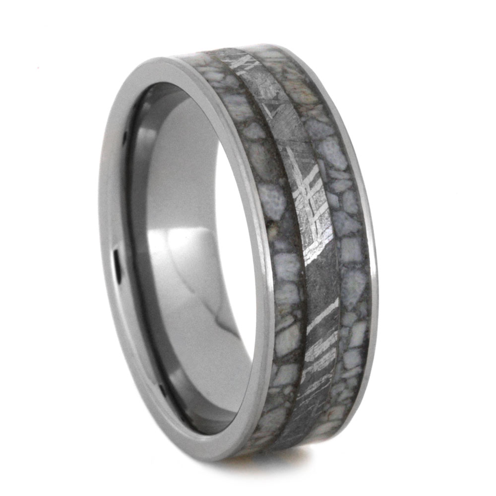 Crushed Antler Gibeon Meteorite with Inlay 7mm Comfort-Fit Polished Titanium Wedding Band.